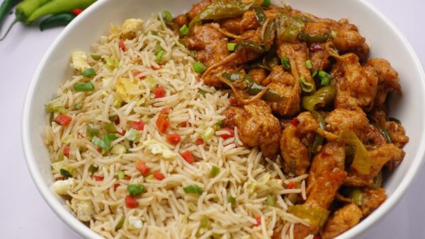 Egg fried rice with chilli chicken